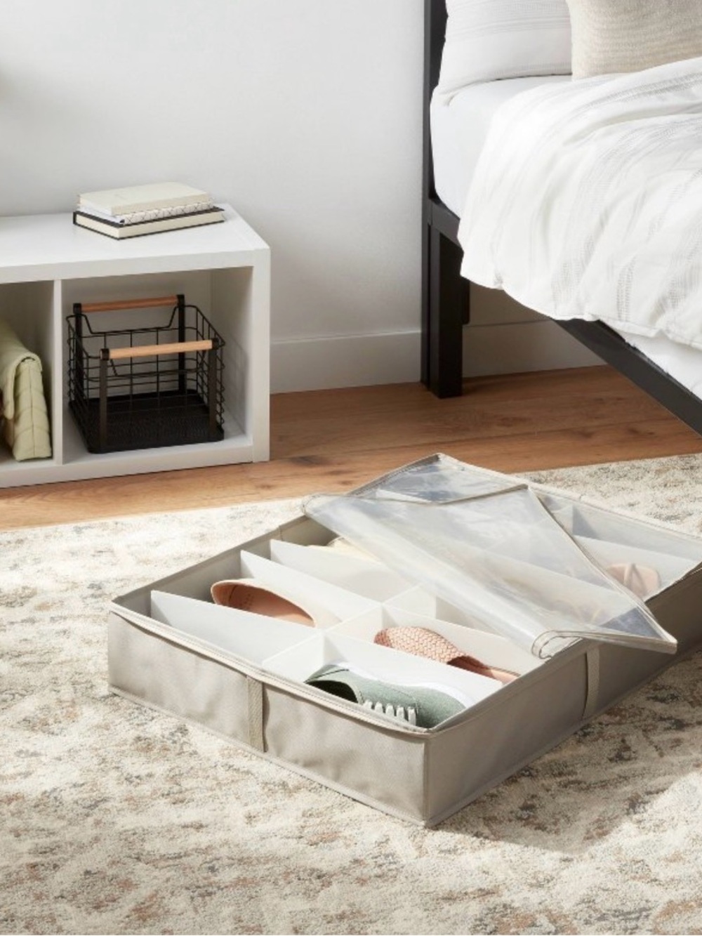 Under-Bed Shoe Storage Organizer in Light Beige with Clear Top